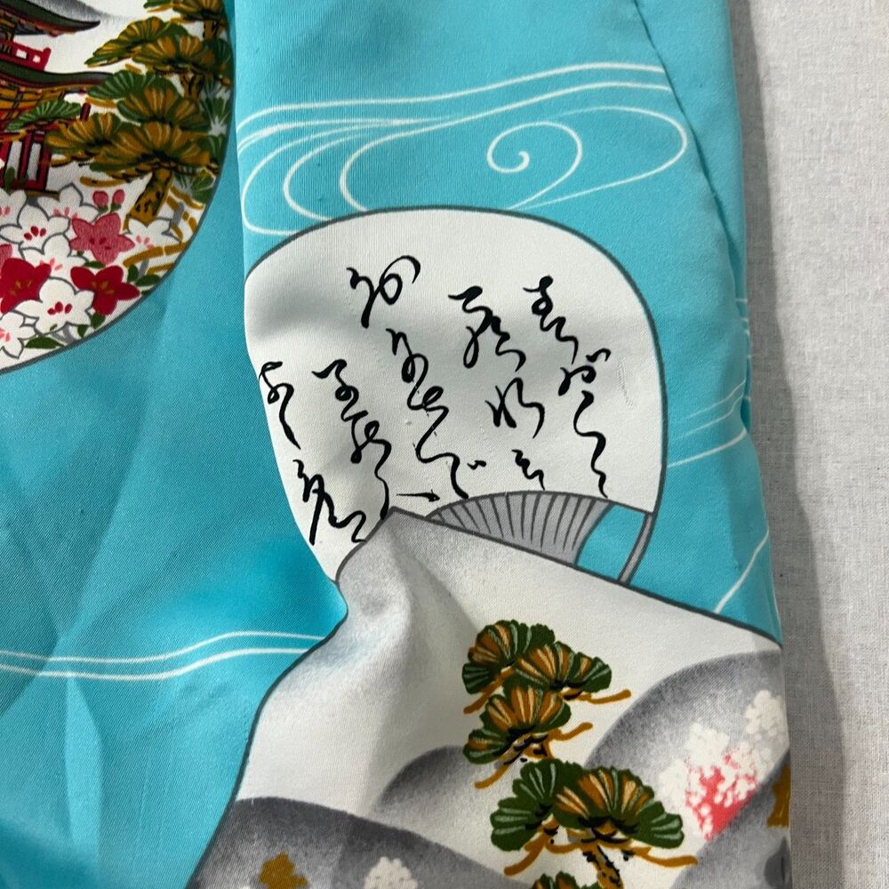 Vintage Japanese Style Kimono Robe Turquoise Fan Garden Print Belted One Size - Picture 6 of 12